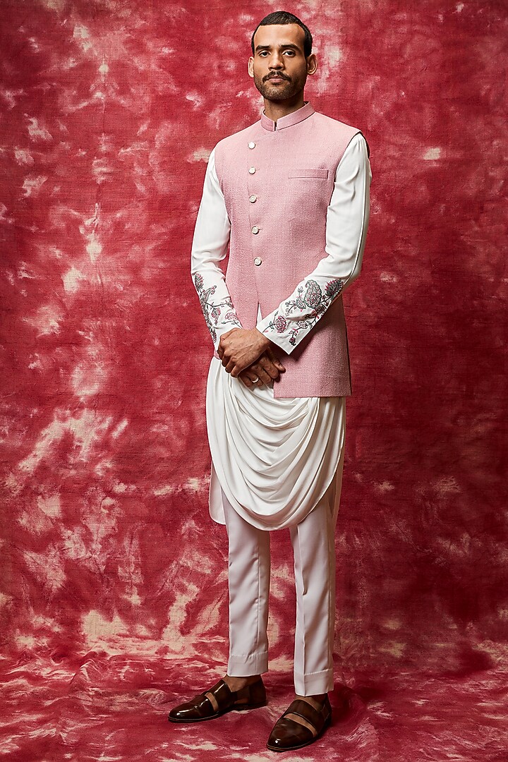 Pink Matka Silk Kurta Set With Bundi Jacket by Qbik Men at Pernia's Pop Up Shop