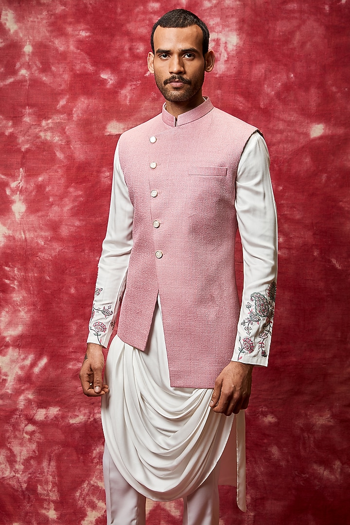 Pink Matka Silk Kurta Set With Bundi Jacket by Qbik Men at Pernia's Pop Up Shop