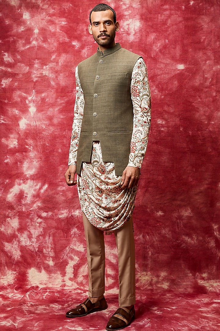 Olive Green Printed Kurta Set With Bundi Jacket by Qbik Men at Pernia's Pop Up Shop