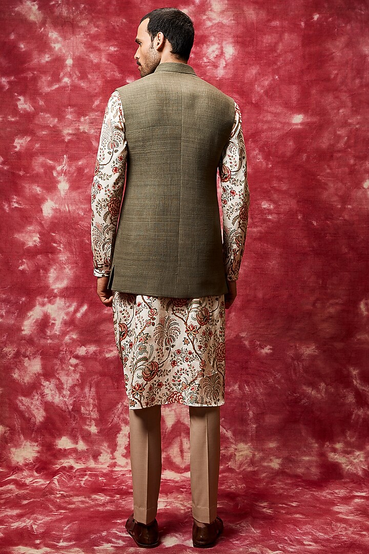 Olive Green Printed Kurta Set With Bundi Jacket by Qbik Men at Pernia's Pop Up Shop