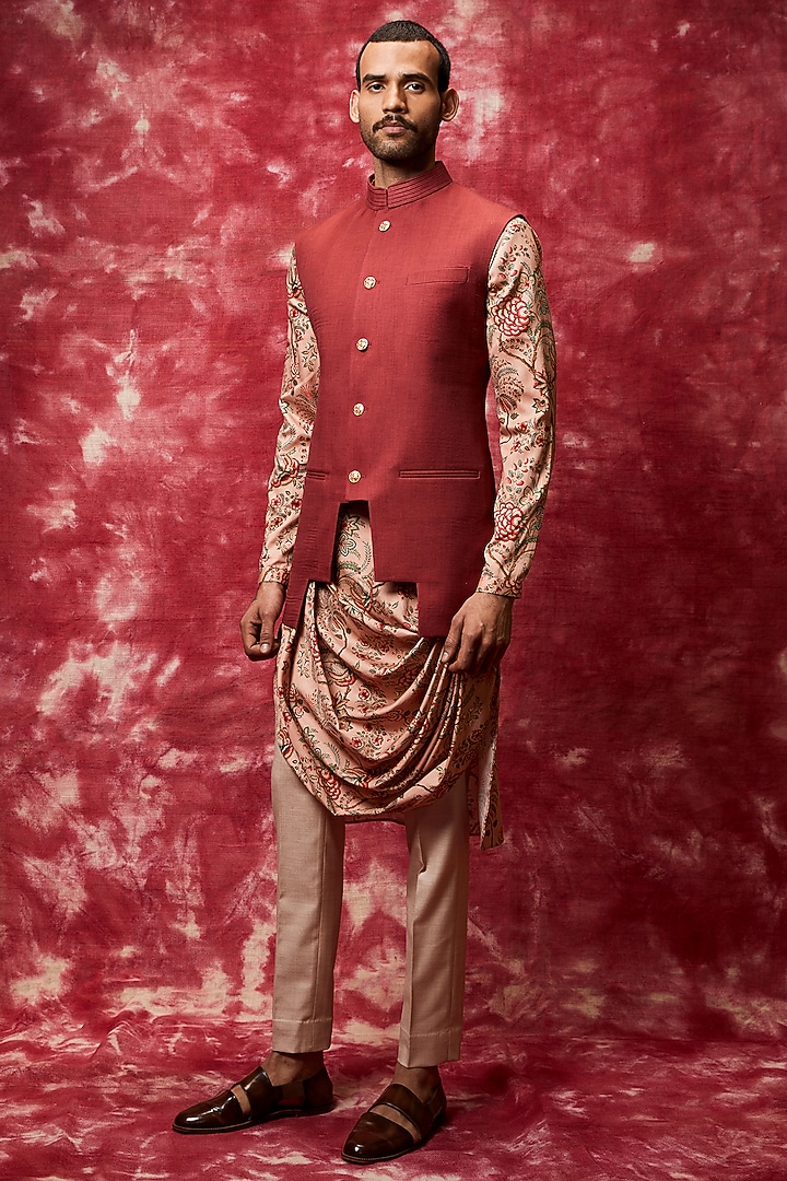 Rust Printed Kurta Set With Bundi Jacket by Qbik Men at Pernia's Pop Up Shop