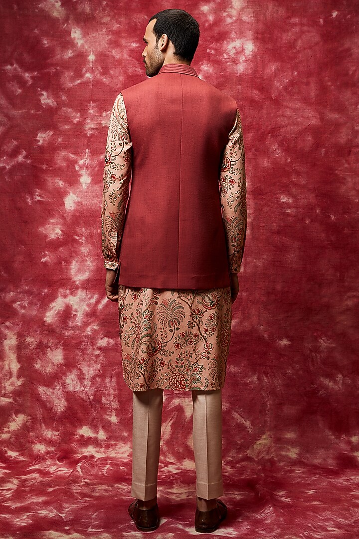 Rust Printed Kurta Set With Bundi Jacket by Qbik Men at Pernia's Pop Up Shop
