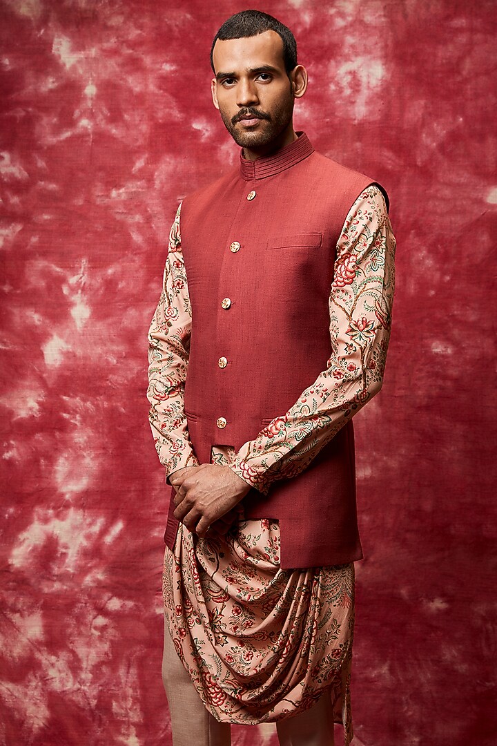 Rust Printed Kurta Set With Bundi Jacket by Qbik Men at Pernia's Pop Up Shop
