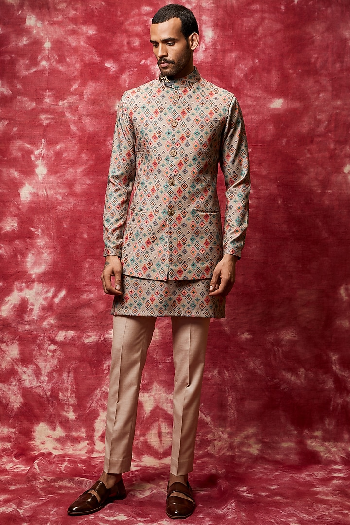Brown Printed Kurta Set With Bundi Jacket by Qbik Men at Pernia's Pop Up Shop
