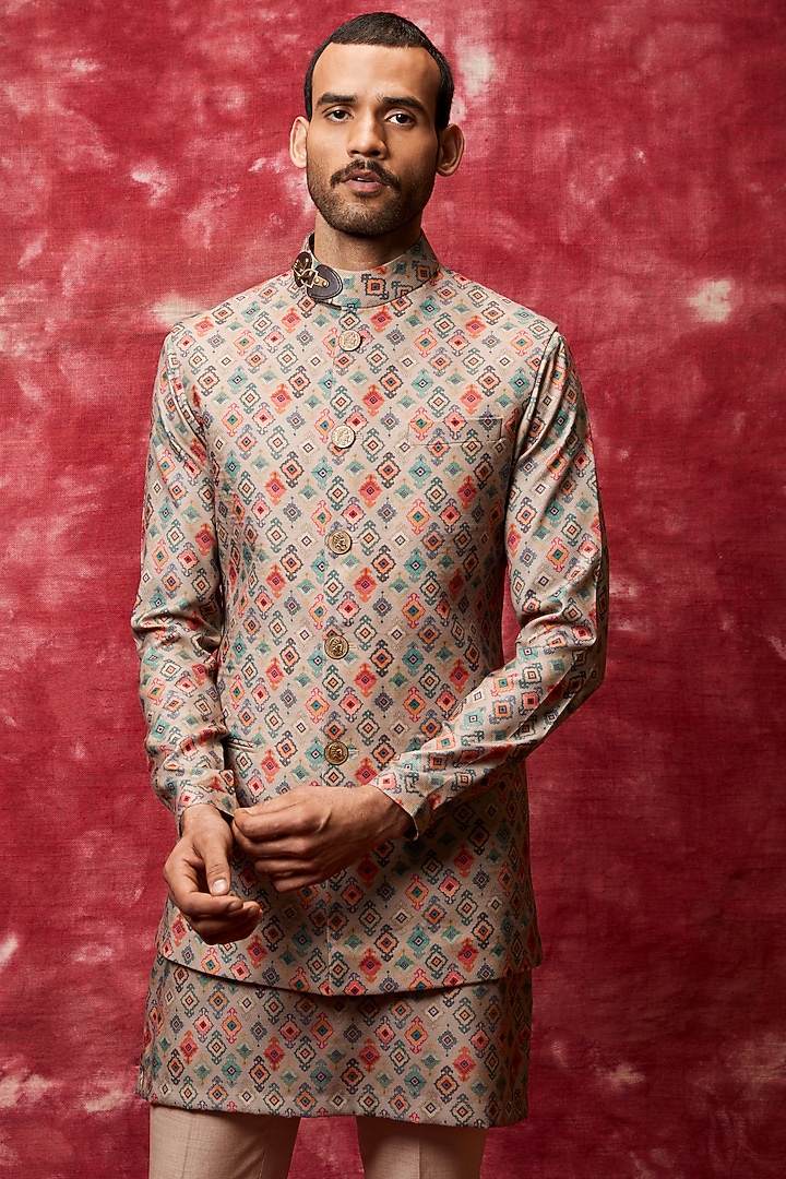 Brown Printed Kurta Set With Bundi Jacket by Qbik Men at Pernia's Pop Up Shop
