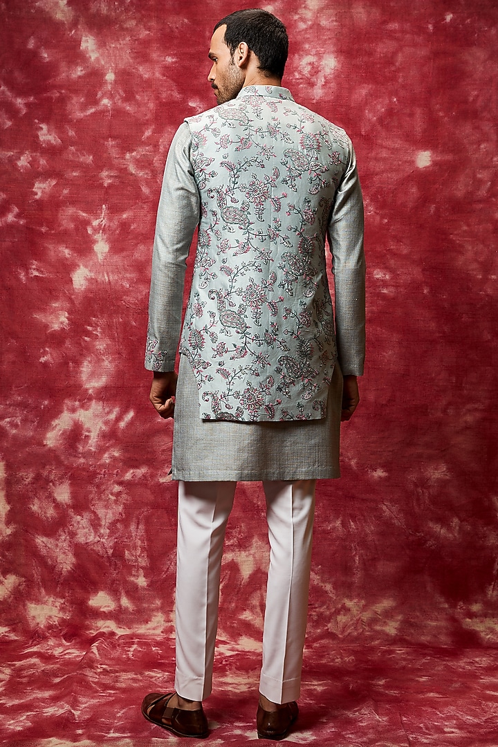 Powder Blue Kurta Set With Bundi Jacket by Qbik Men at Pernia's Pop Up Shop