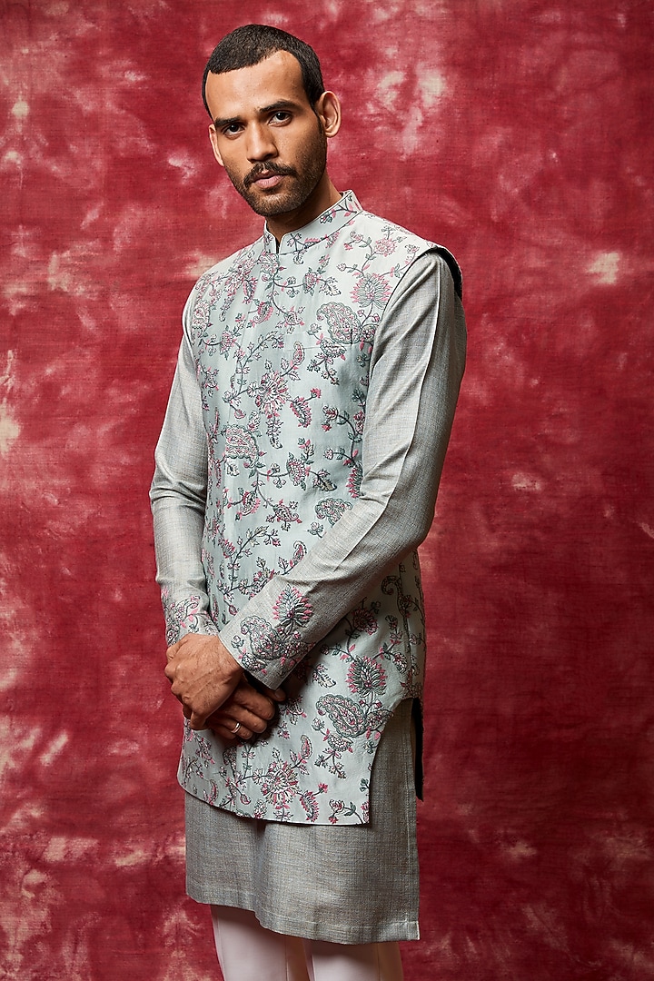 Powder Blue Kurta Set With Bundi Jacket by Qbik Men at Pernia's Pop Up Shop