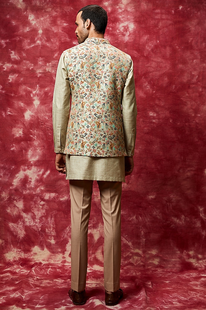 Pista Green Chanderi Silk Wedding Indowestern Set by Qbik Men at Pernia's Pop Up Shop