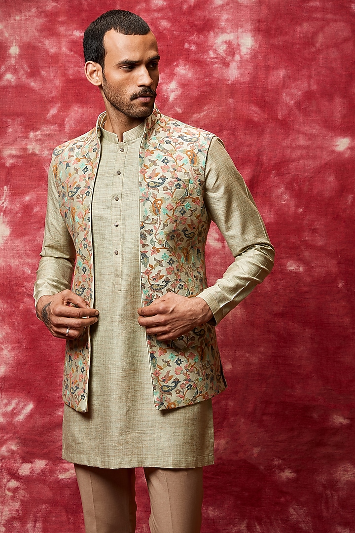 Pista Green Chanderi Silk Wedding Indowestern Set by Qbik Men at Pernia's Pop Up Shop
