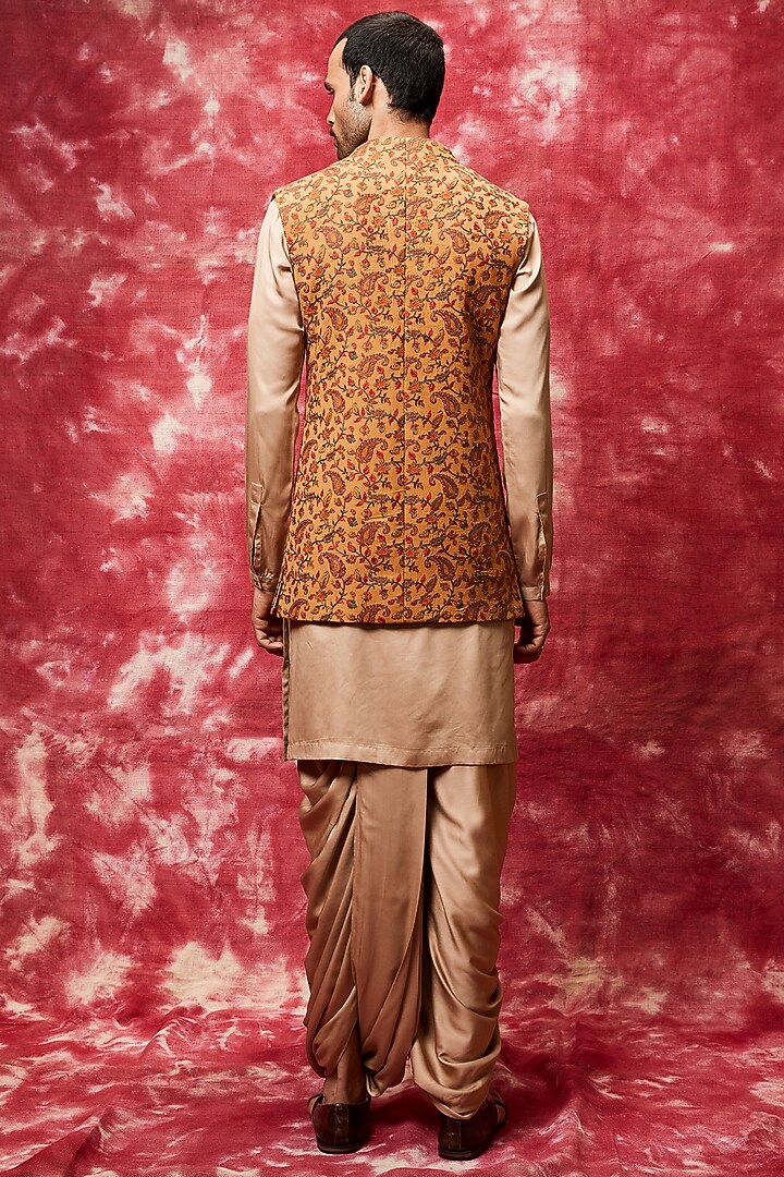 Mustard Kurta Set With Bundi Jacket by Qbik Men at Pernia's Pop Up Shop