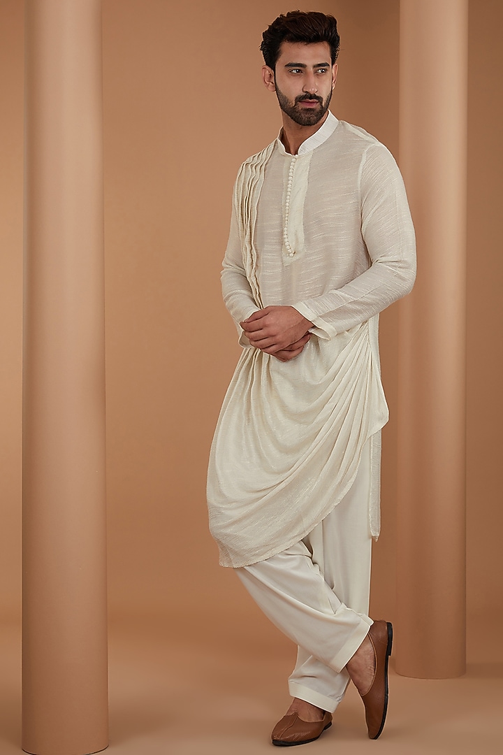 Off-White Cotton Silk Cowl Kurta by Qbik Men at Pernia's Pop Up Shop