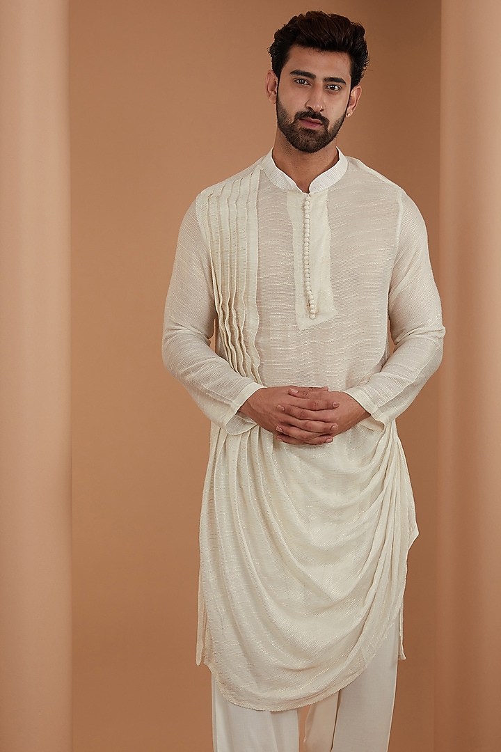Off-White Cotton Silk Cowl Kurta by Qbik Men at Pernia's Pop Up Shop