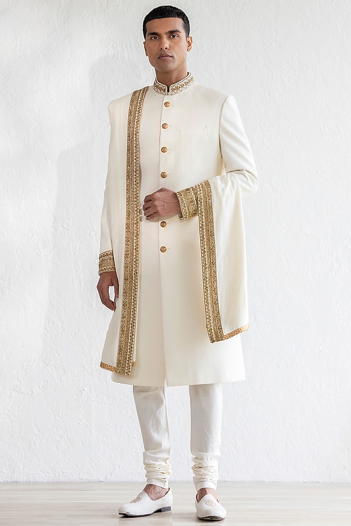 Ivory Tussar Silk Embroidered Groom Sherwani Set by Qbik Men at Pernia's Pop Up Shop