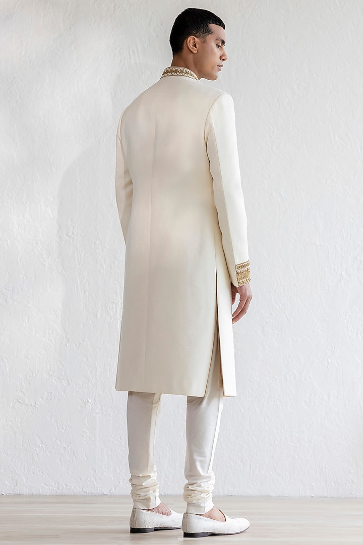Ivory Tussar Silk Embroidered Groom Sherwani Set by Qbik Men at Pernia's Pop Up Shop