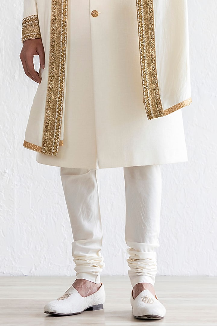 Ivory Tussar Silk Embroidered Groom Sherwani Set by Qbik Men at Pernia's Pop Up Shop