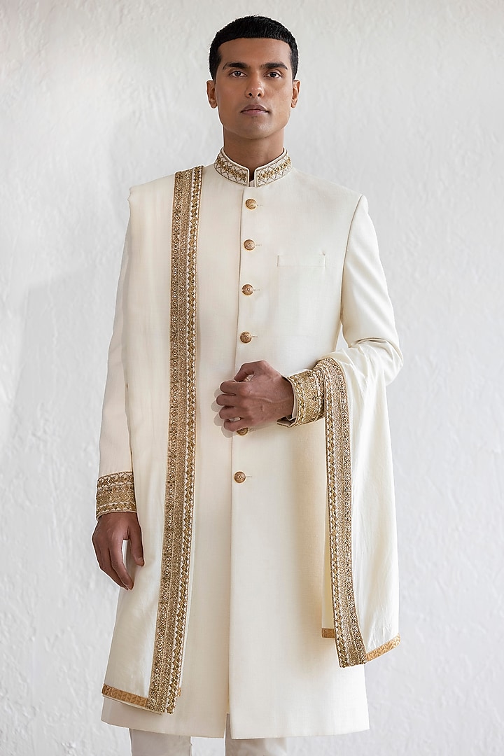 Ivory Tussar Silk Embroidered Groom Sherwani Set by Qbik Men at Pernia's Pop Up Shop