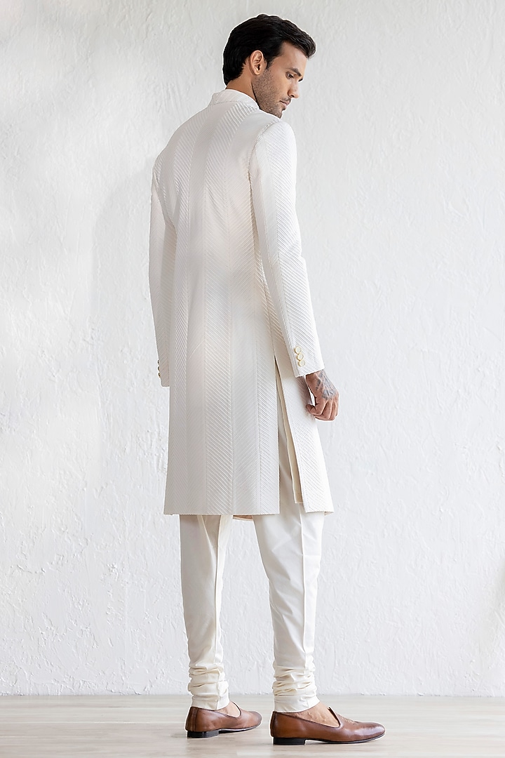 Ivory Cotton Silk Embroidered Pintuck Groom Sherwani Set by Qbik Men at Pernia's Pop Up Shop