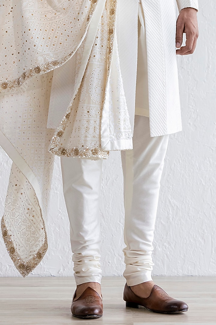 Ivory Cotton Silk Embroidered Pintuck Groom Sherwani Set by Qbik Men at Pernia's Pop Up Shop