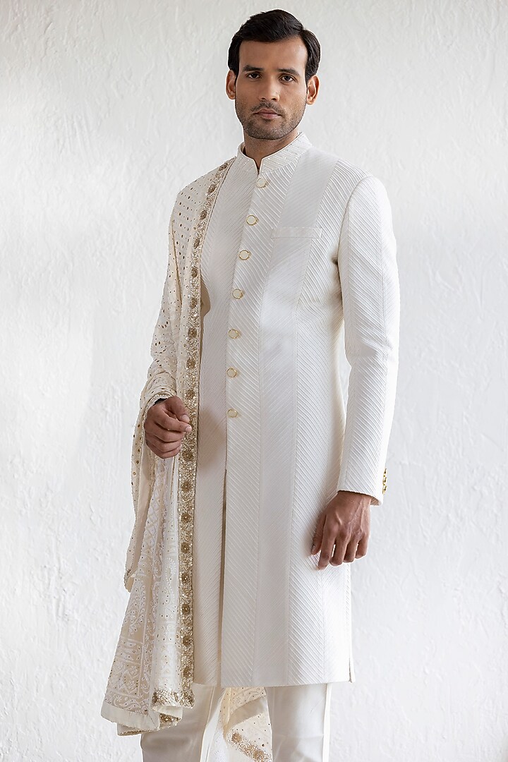 Ivory Cotton Silk Embroidered Pintuck Groom Sherwani Set by Qbik Men at Pernia's Pop Up Shop