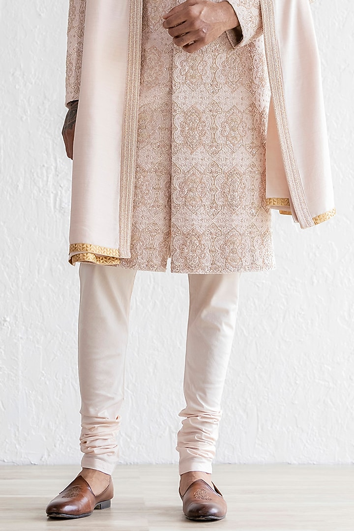 Pink Embossed Velvet Embroidered Groom Sherwani Set by Qbik Men at Pernia's Pop Up Shop