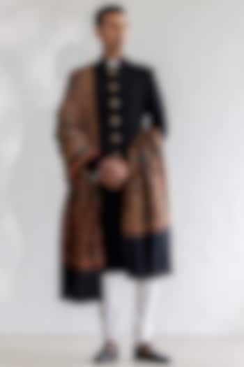 Black Viscose Wool Groom Sherwani Set by Qbik Men at Pernia's Pop Up Shop