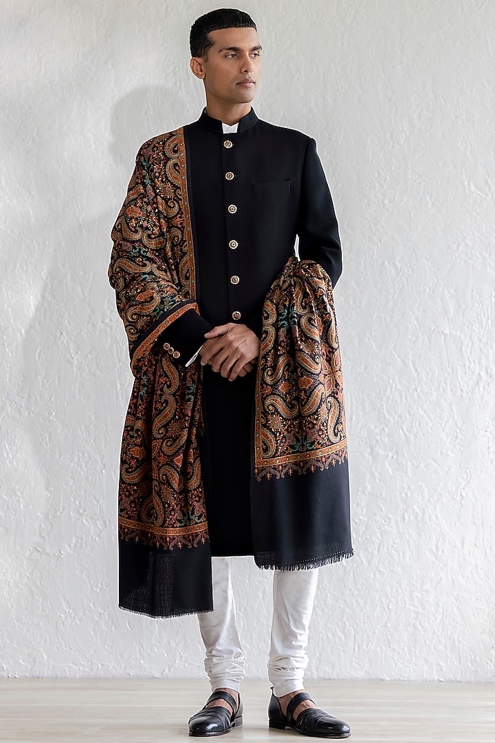 Black Viscose Wool Groom Sherwani Set by Qbik Men at Pernia's Pop Up Shop