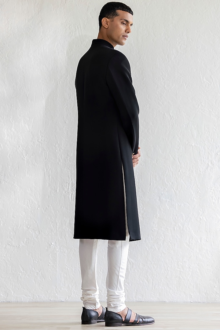 Black Viscose Wool Groom Sherwani Set by Qbik Men at Pernia's Pop Up Shop