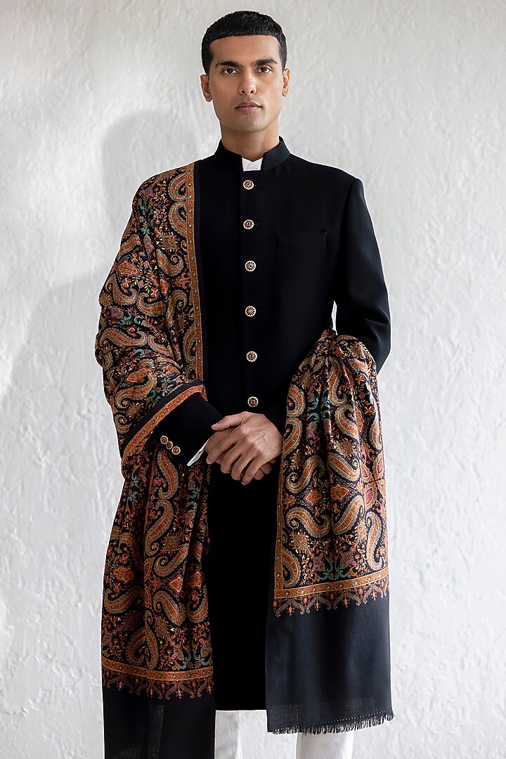 Black Viscose Wool Groom Sherwani Set by Qbik Men at Pernia's Pop Up Shop
