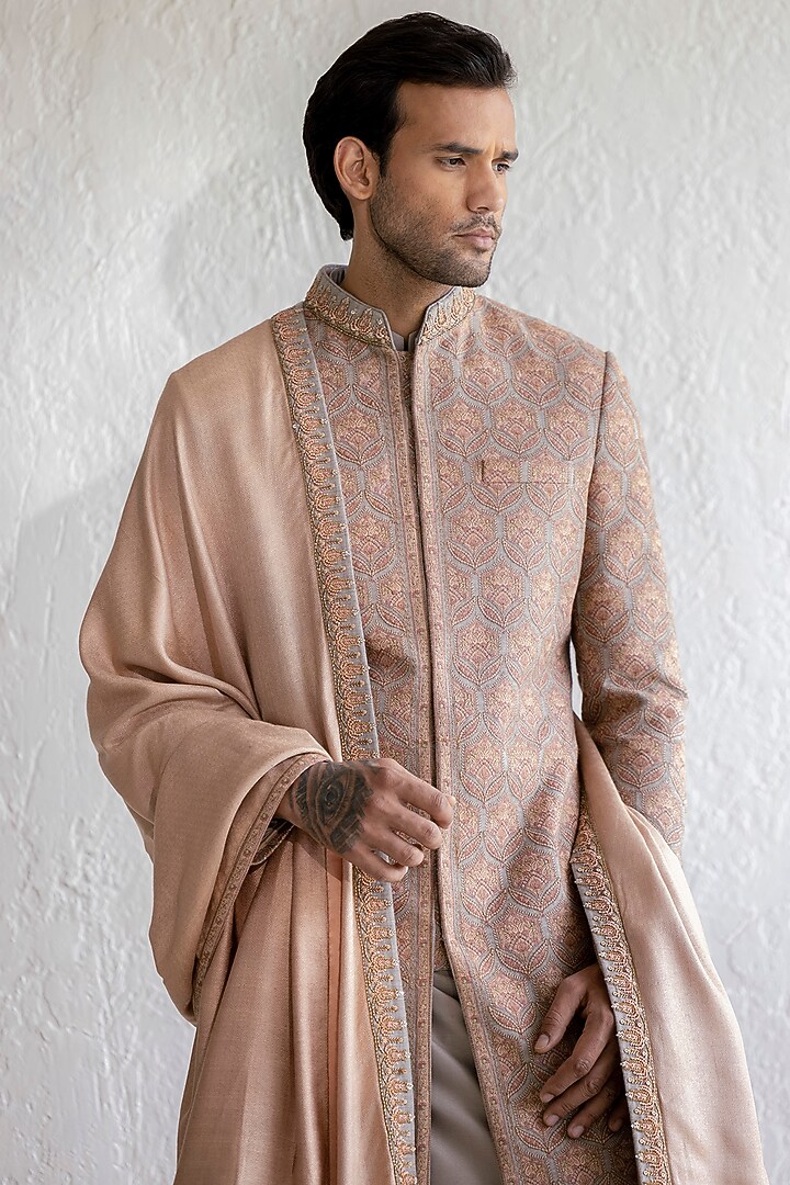 Grey Kashmiri Embroidered Groom Sherwani Set by Qbik Men at Pernia's Pop Up Shop