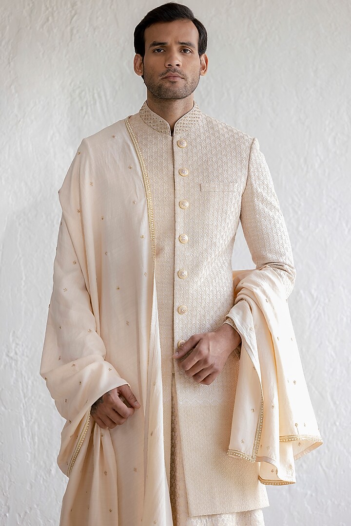 Beige Silk Embroidered Groom Sherwani Set by Qbik Men at Pernia's Pop Up Shop
