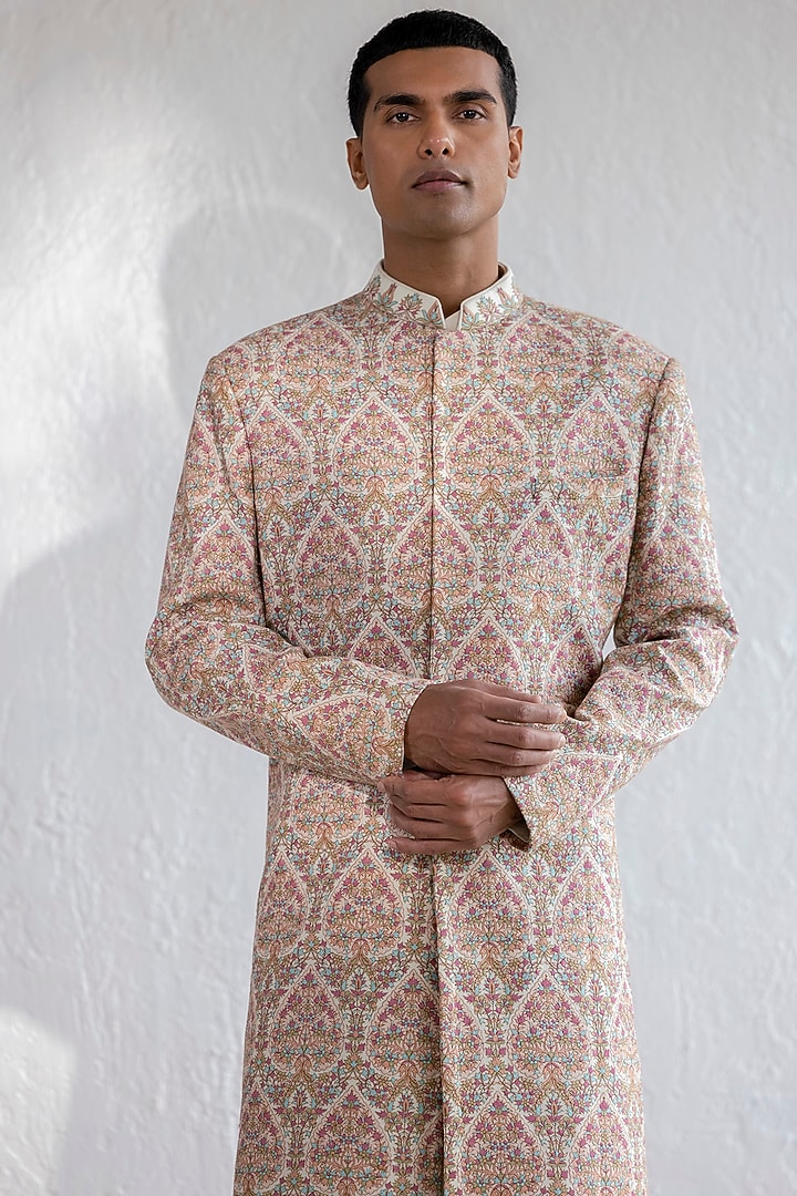 Multi-Colored Kashmiri Embroidered Groom Sherwani Set by Qbik Men at Pernia's Pop Up Shop