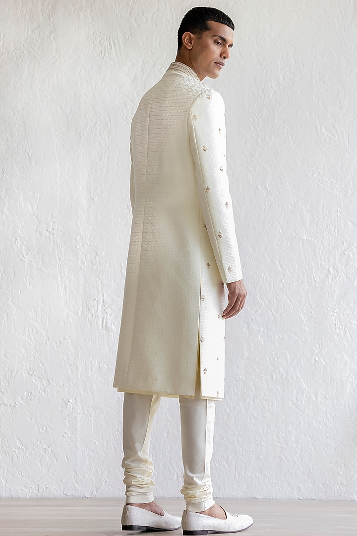 Ivory Jacquard Embroidered Groom Sherwani Set by Qbik Men at Pernia's Pop Up Shop