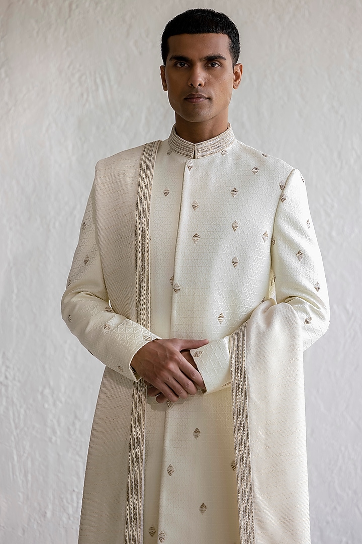 Ivory Jacquard Embroidered Groom Sherwani Set by Qbik Men at Pernia's Pop Up Shop
