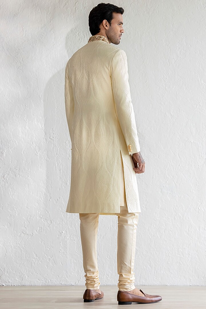 Cream Jacquard Embroidered Groom Sherwani Set by Qbik Men at Pernia's Pop Up Shop