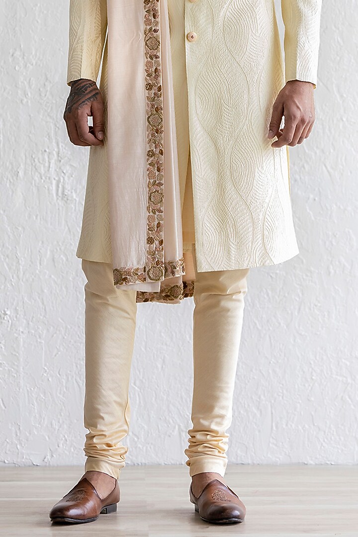 Cream Jacquard Embroidered Groom Sherwani Set by Qbik Men at Pernia's Pop Up Shop