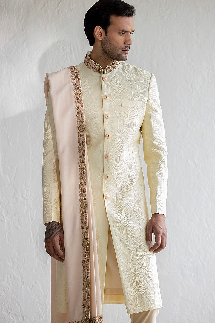 Cream Jacquard Embroidered Groom Sherwani Set by Qbik Men at Pernia's Pop Up Shop