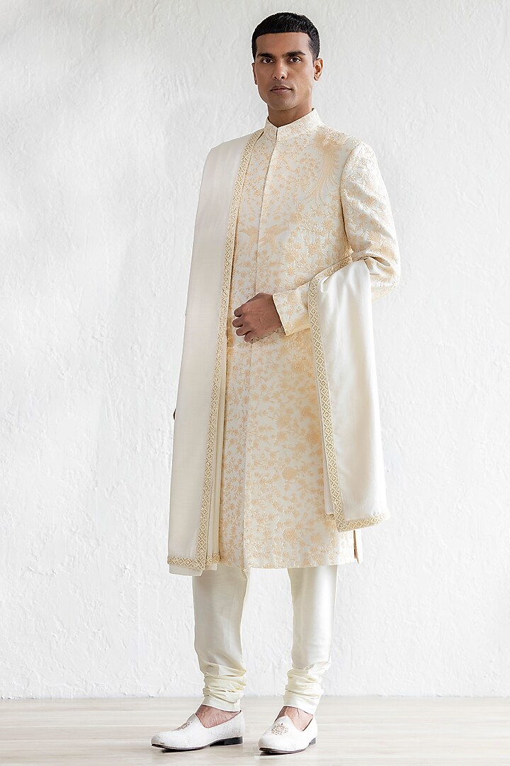 Ivory Raw Silk Embroidered Groom Sherwani Set by Qbik Men at Pernia's Pop Up Shop