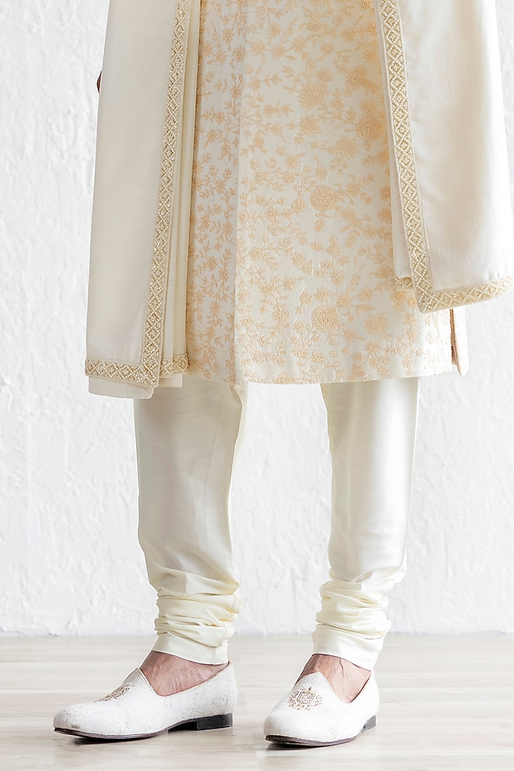 Ivory Raw Silk Embroidered Groom Sherwani Set by Qbik Men at Pernia's Pop Up Shop