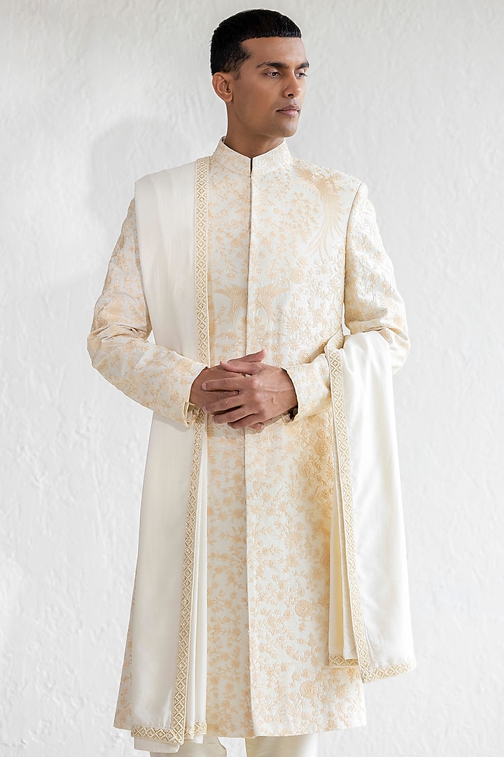 Ivory Raw Silk Embroidered Groom Sherwani Set by Qbik Men at Pernia's Pop Up Shop