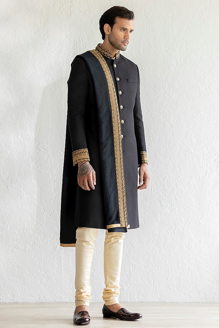 Black Matka Cotton Embroidered Groom Sherwani Set by Qbik Men at Pernia's Pop Up Shop