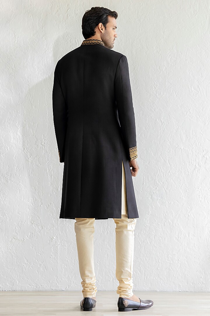 Black Matka Cotton Embroidered Groom Sherwani Set by Qbik Men at Pernia's Pop Up Shop