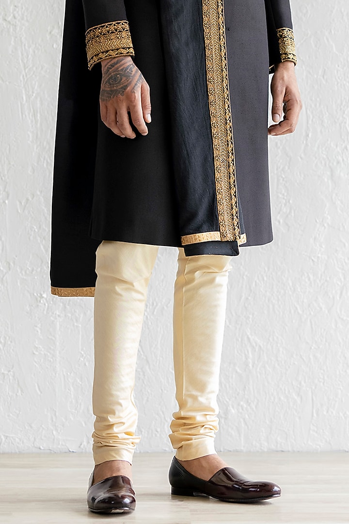 Black Matka Cotton Embroidered Groom Sherwani Set by Qbik Men at Pernia's Pop Up Shop