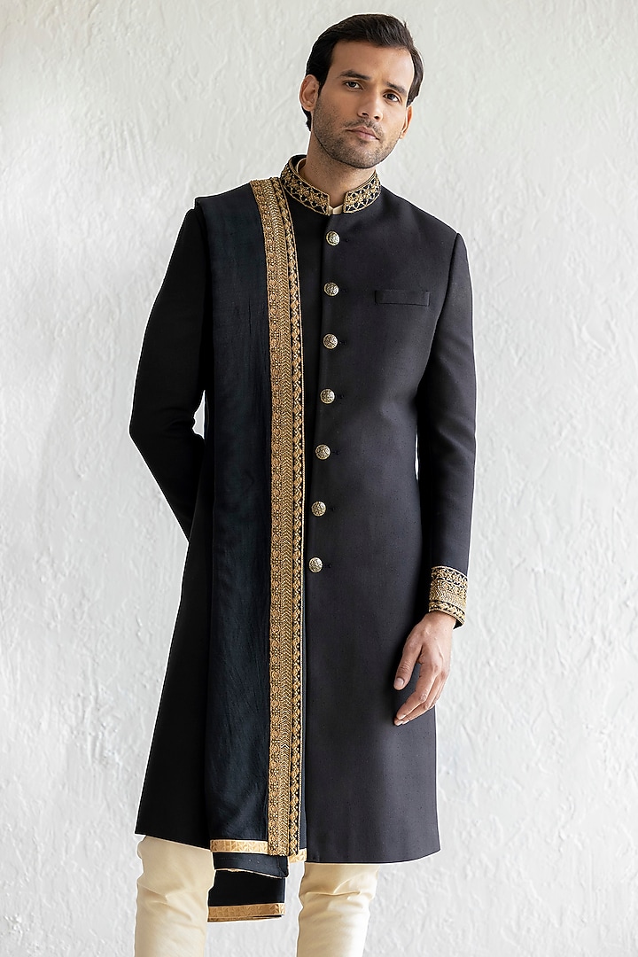 Black Matka Cotton Embroidered Groom Sherwani Set by Qbik Men at Pernia's Pop Up Shop