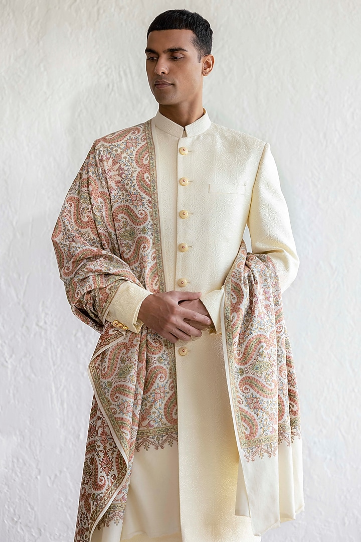 Cream Jacquard Wedding Sherwani Set by Qbik Men at Pernia's Pop Up Shop