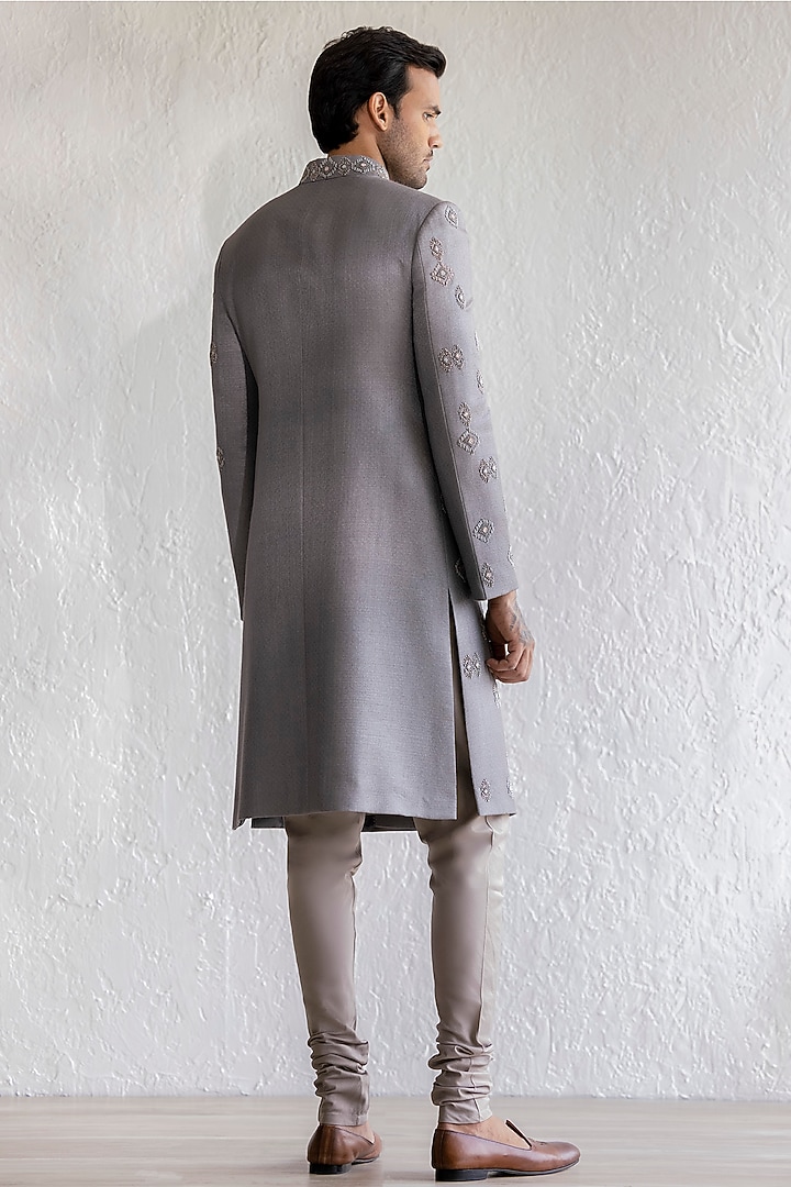 Grey Silk Embroidered Groom Sherwani Set by Qbik Men at Pernia's Pop Up Shop