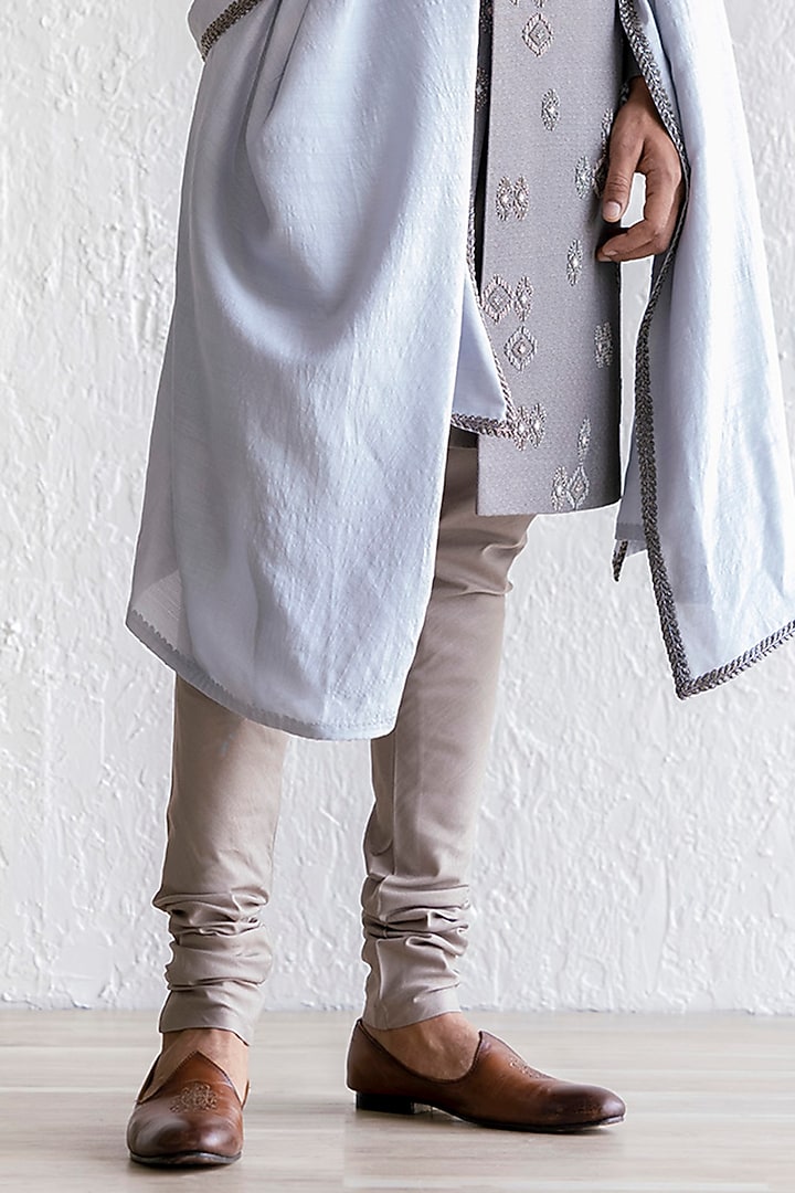 Grey Silk Embroidered Groom Sherwani Set by Qbik Men at Pernia's Pop Up Shop