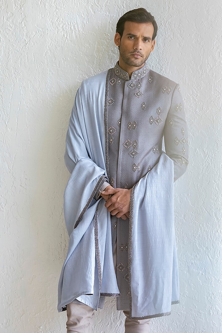 Grey Silk Embroidered Groom Sherwani Set by Qbik Men at Pernia's Pop Up Shop
