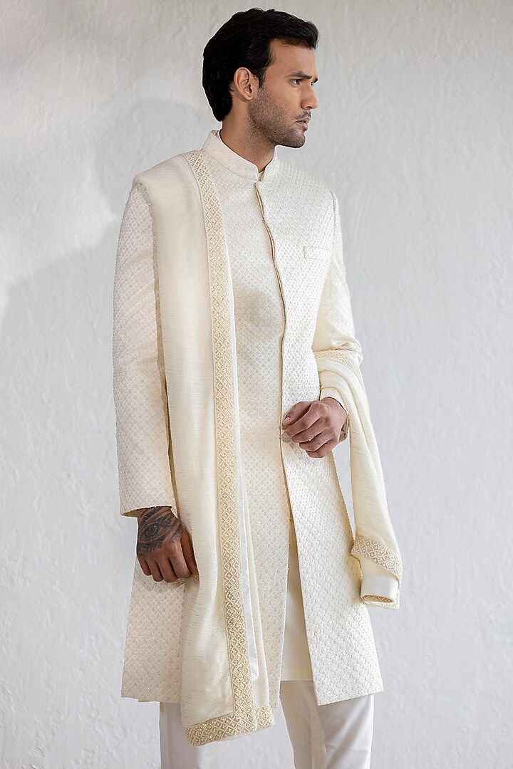 Ivory Jacquard Embroidered Groom Sherwani Set by Qbik Men at Pernia's Pop Up Shop