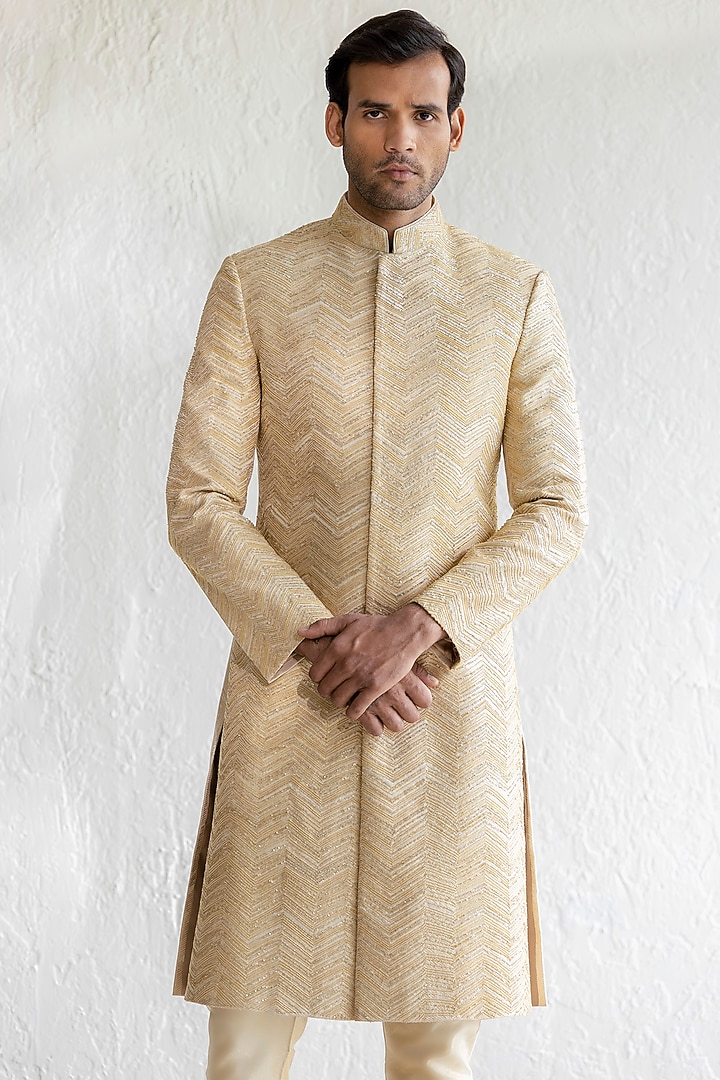 Gold Jacquard Embroidered Groom Sherwani Set by Qbik Men at Pernia's Pop Up Shop