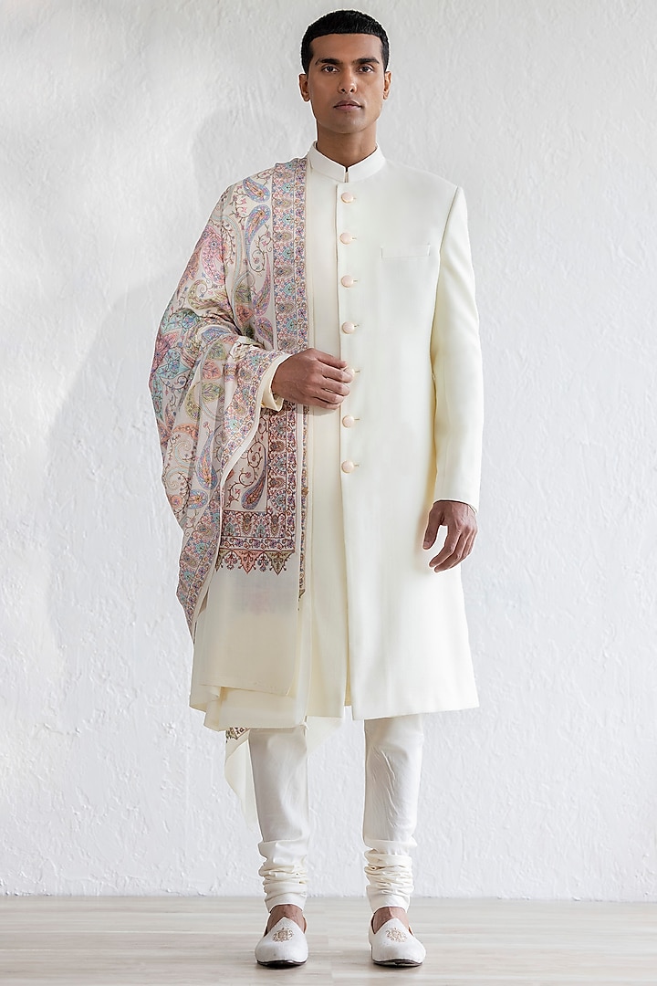 Ivory Pashmina Sherwani Set by Qbik Men